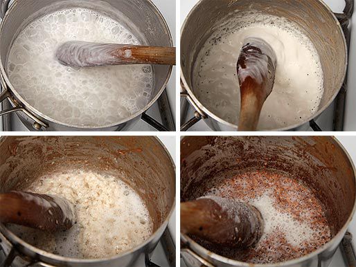 复合显示缓慢沸腾阶段的椰奶去除水分和棕色椰子固体