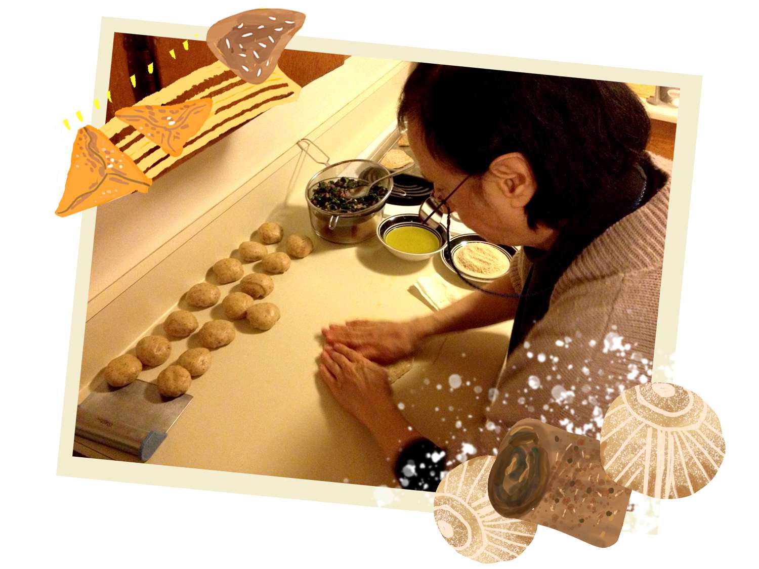 作者母亲在柜台上做饼干的照片，上面覆盖着饼干的插图