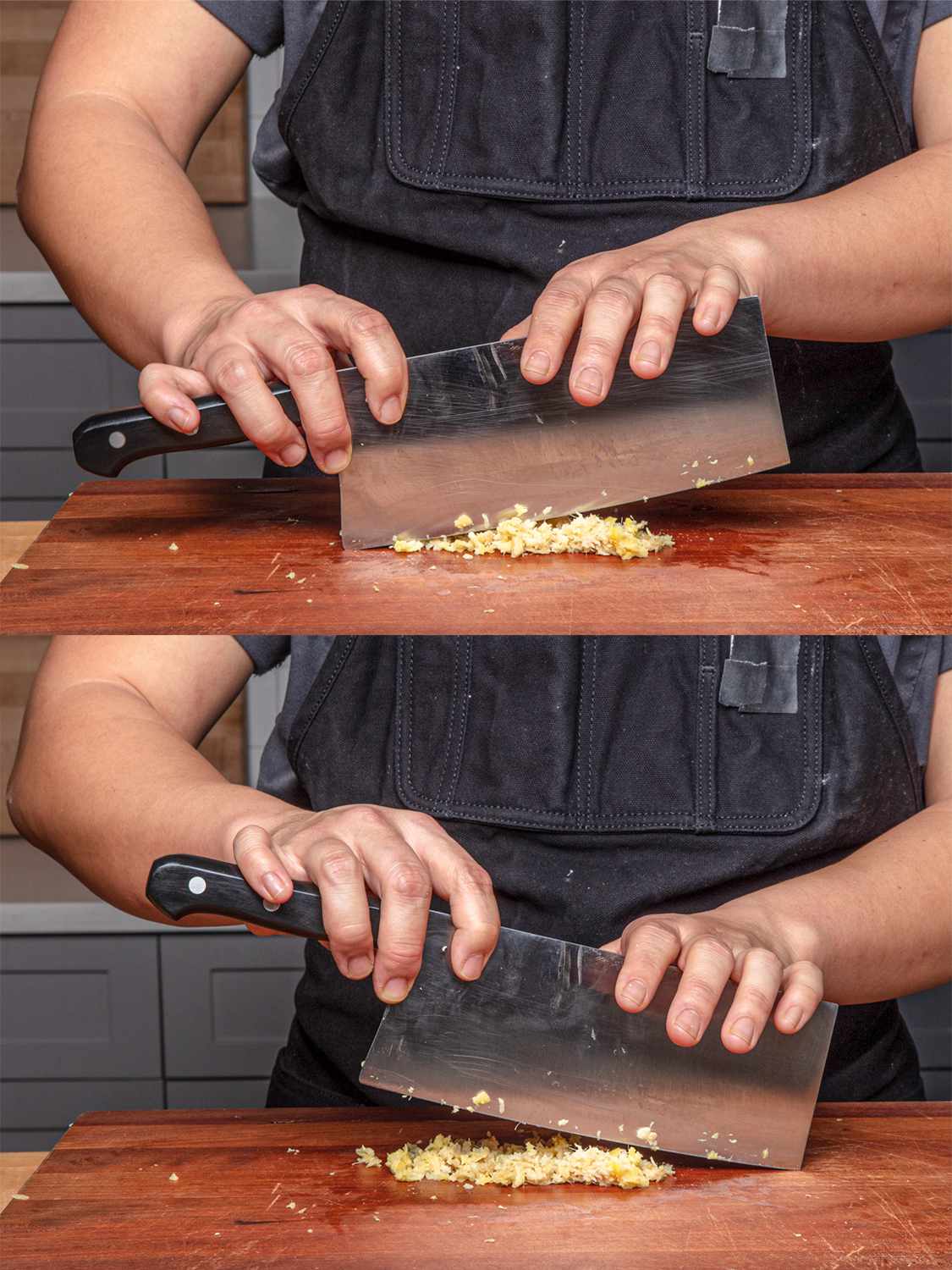 两幅图片的拼贴，一个厨师摇晃着一把刀在姜为岩石切碎。