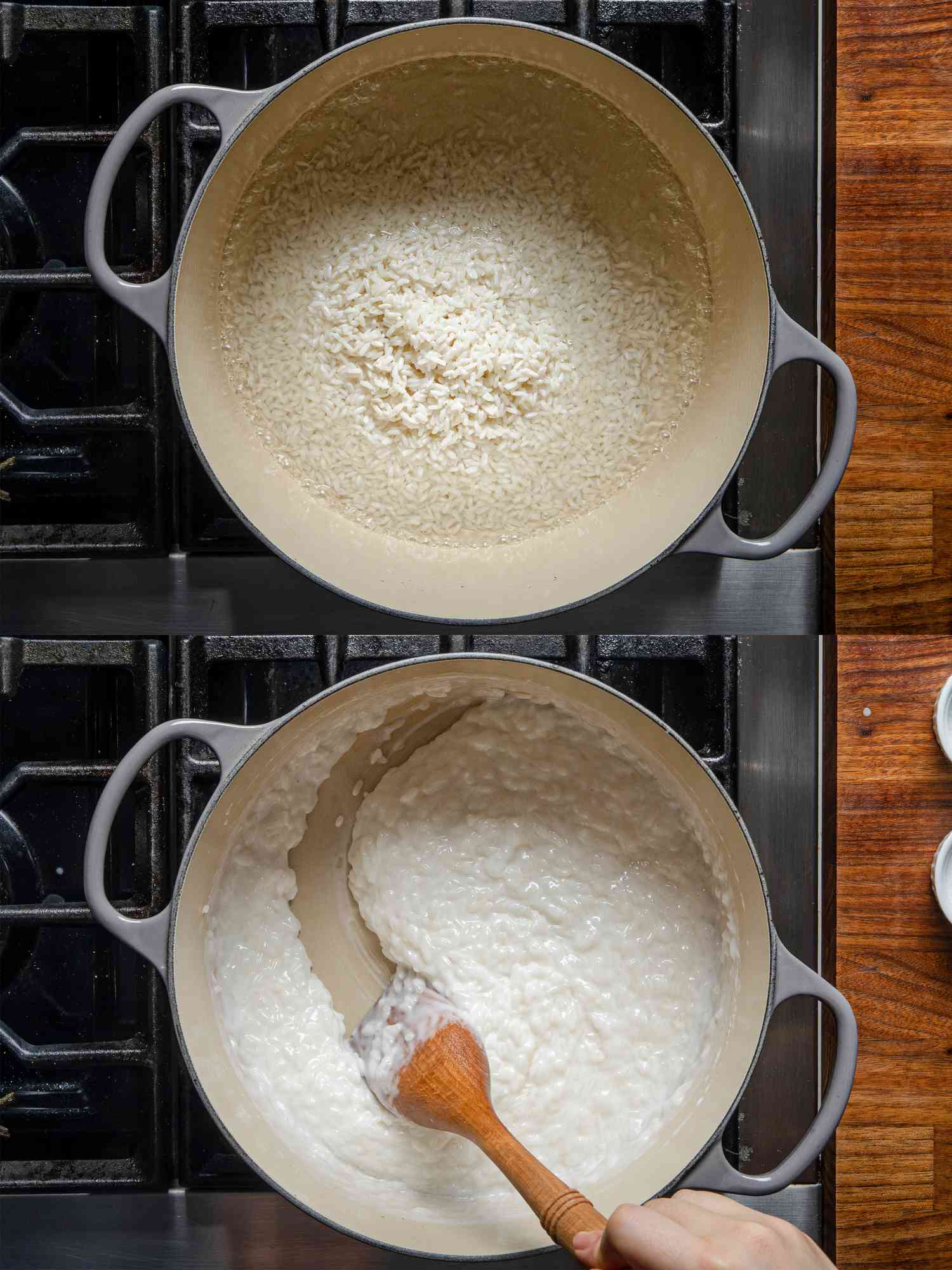 两个图像拼贴的大米和椰奶荷兰烤箱和拖动一个木勺通过锅米饭布丁像纹理