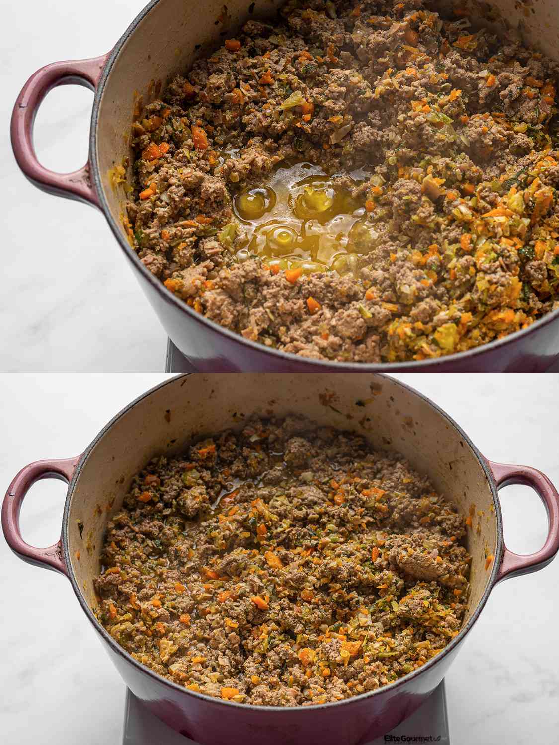 两幅图像的拼贴画。上图是在荷兰烤箱中，将煮熟的蔬菜和熏肉加入到混合肉中。下面的图片显示了荷兰烤箱，大部分液体从肉混合物中蒸发出来。gydF4y2Ba