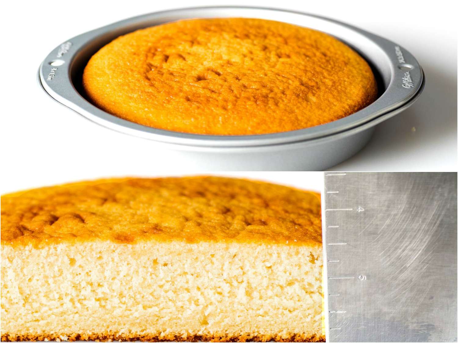 蒙太奇的香草蛋糕烘焙在蛋糕计划，加上一个特写镜头的蛋糕横截面，和测量在锅的一边。