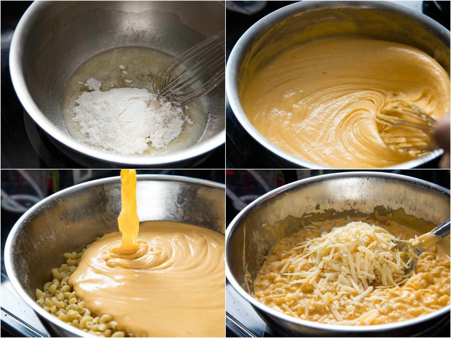 这是一组照片的拼贴，展示了把面粉和黄油搅成面糊，把奶酪搅成酱汁，然后把它加到通心粉里。gydF4y2Ba