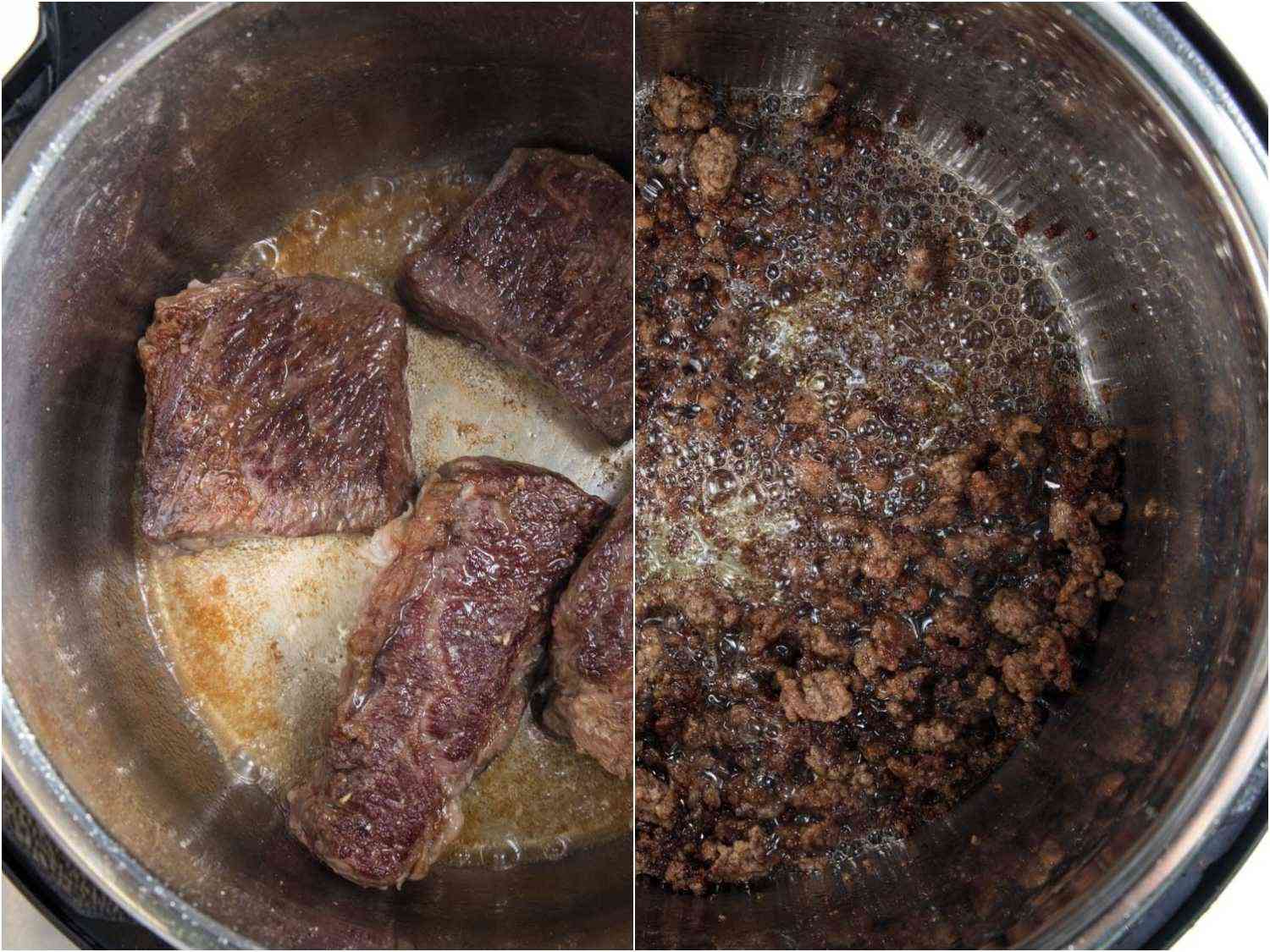 两张在高压锅里烤牛肉的照片(磨碎的和大块的)