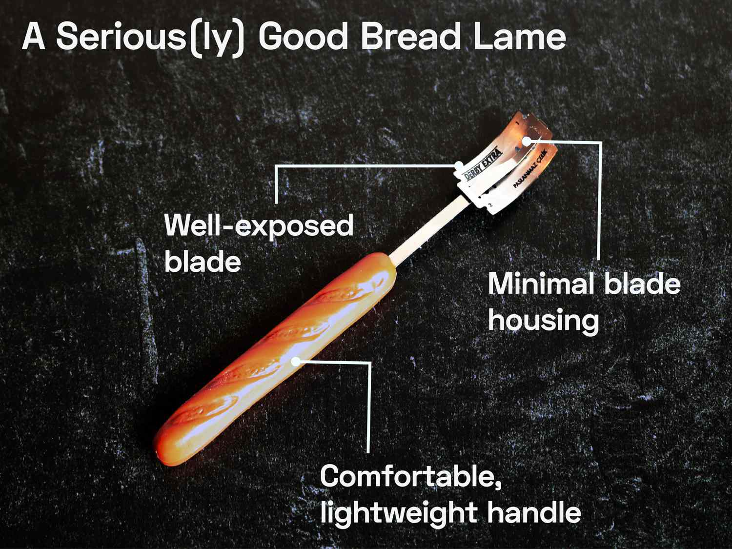 长棍状的塑料柄，连接在一根薄薄的金属条上，用来切面包面。