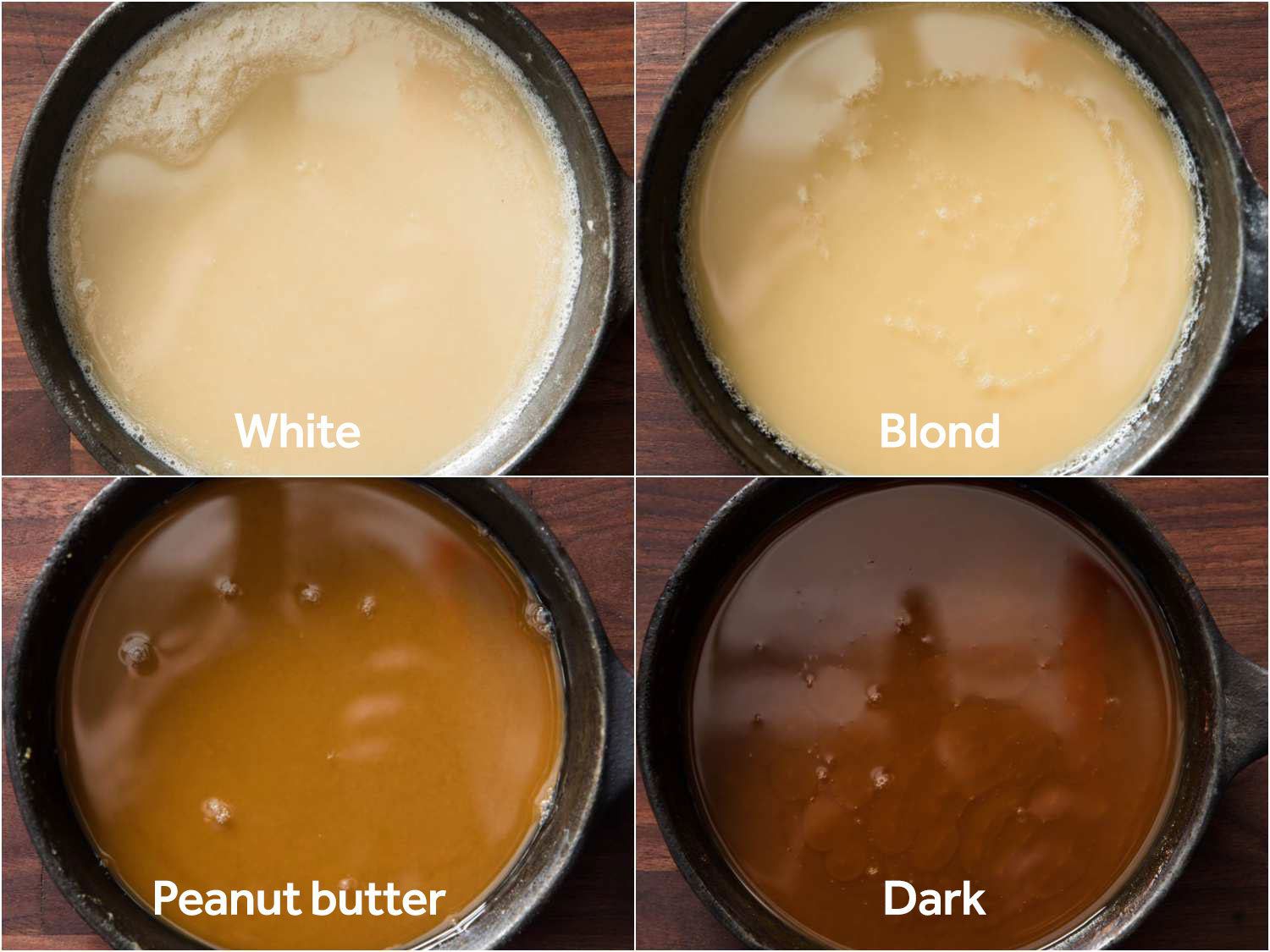 混合粉糊煮到四个不同的层次:白色，金色，花生酱和黑色