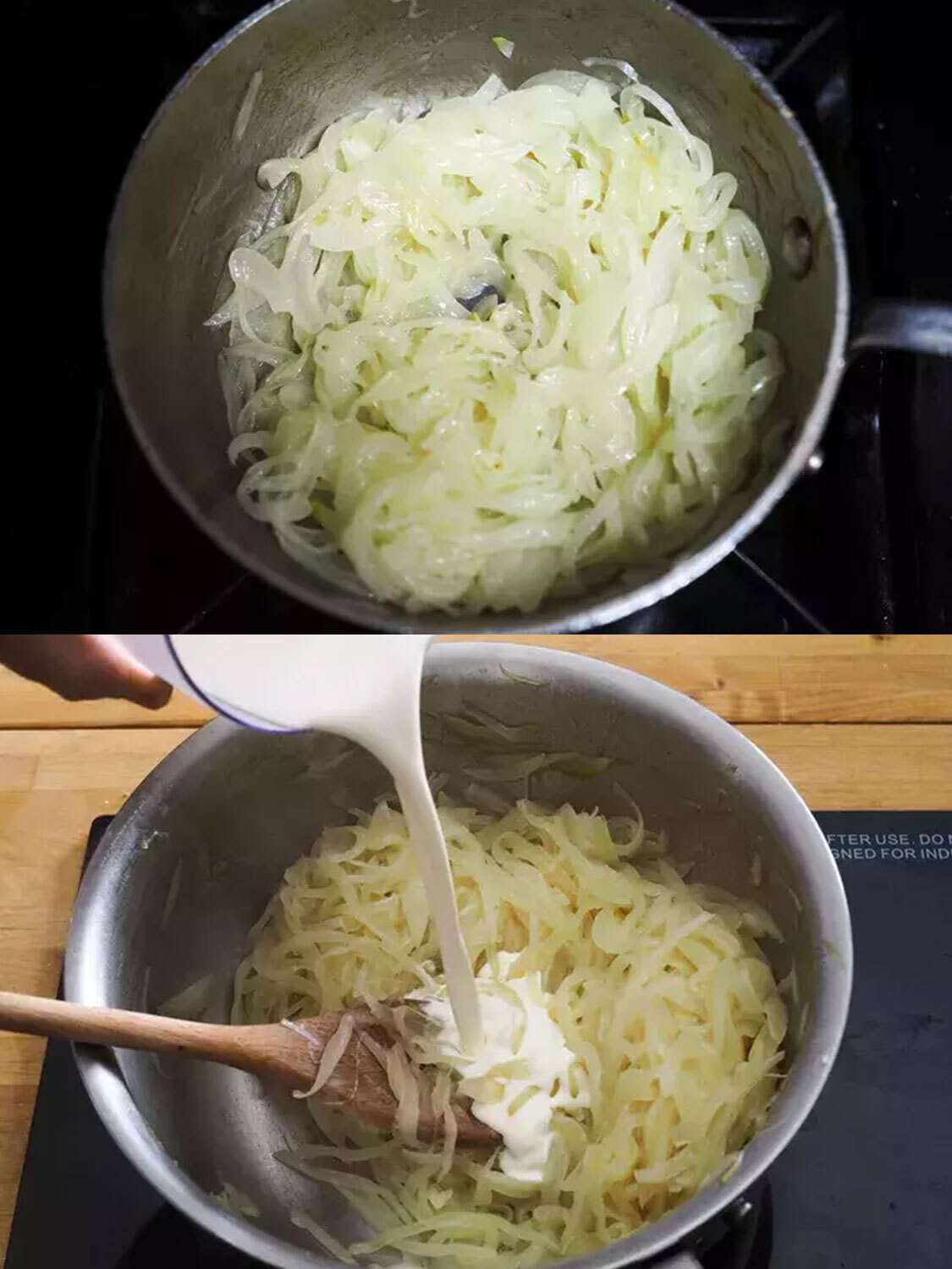 两个影像拼贴。上图显示了一个不锈钢锅控股轻轻金色软洋葱,和下面的图片显示了洋葱还在奶油倒在锅里。