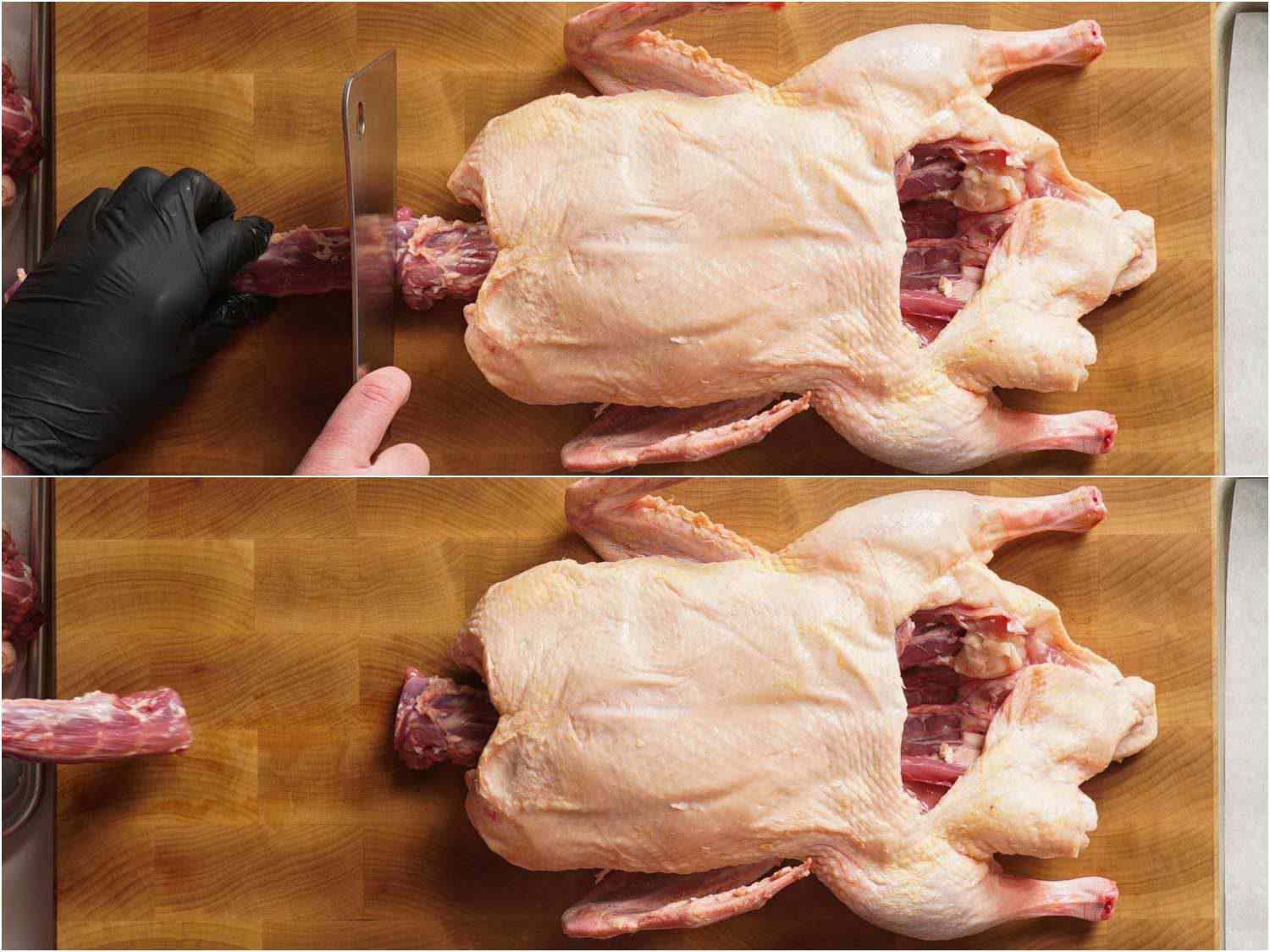 用切肉刀切掉整只鸭子的脖子。