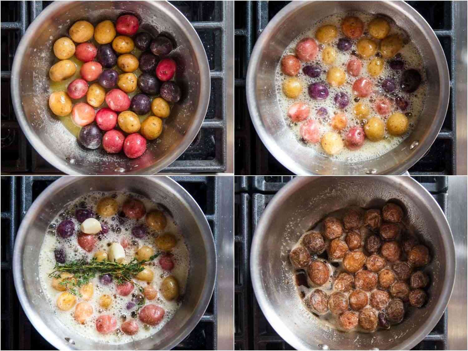 在炉子上用黄油烹饪新土豆的过程镜头。gydF4y2Ba