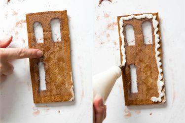 Collage of photos of attaching sheet gelatin to a gingerbread wall, using royal icing, to make windows