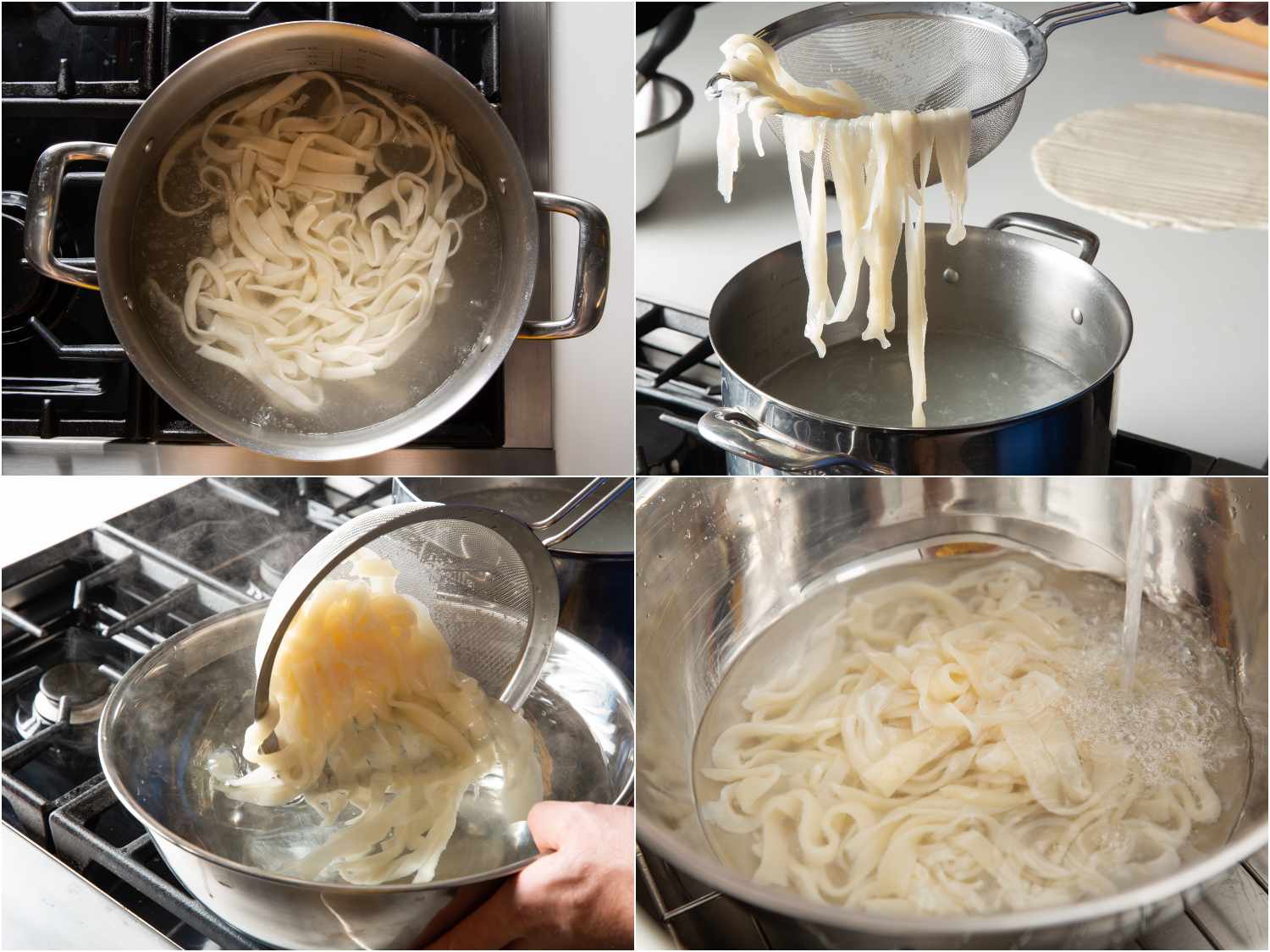 在沸水中煮面条，然后将其转移到一碗冷水中，然后冲洗面条，直到水变清。