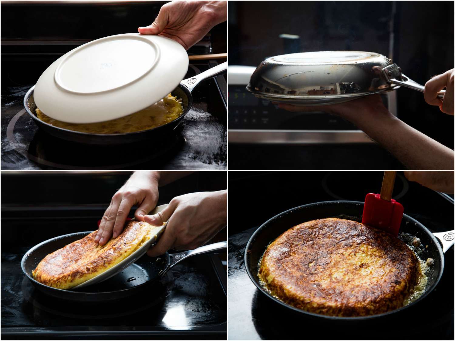 四张拼贴图片展示如何翻玉米饼española。用盘子盖上玉米饼，迅速把锅倒过来，这样玉米饼就在盘子上了。把煎锅重新加热，把玉米饼放进去。用硅胶刮刀重塑边缘。gydF4y2Ba