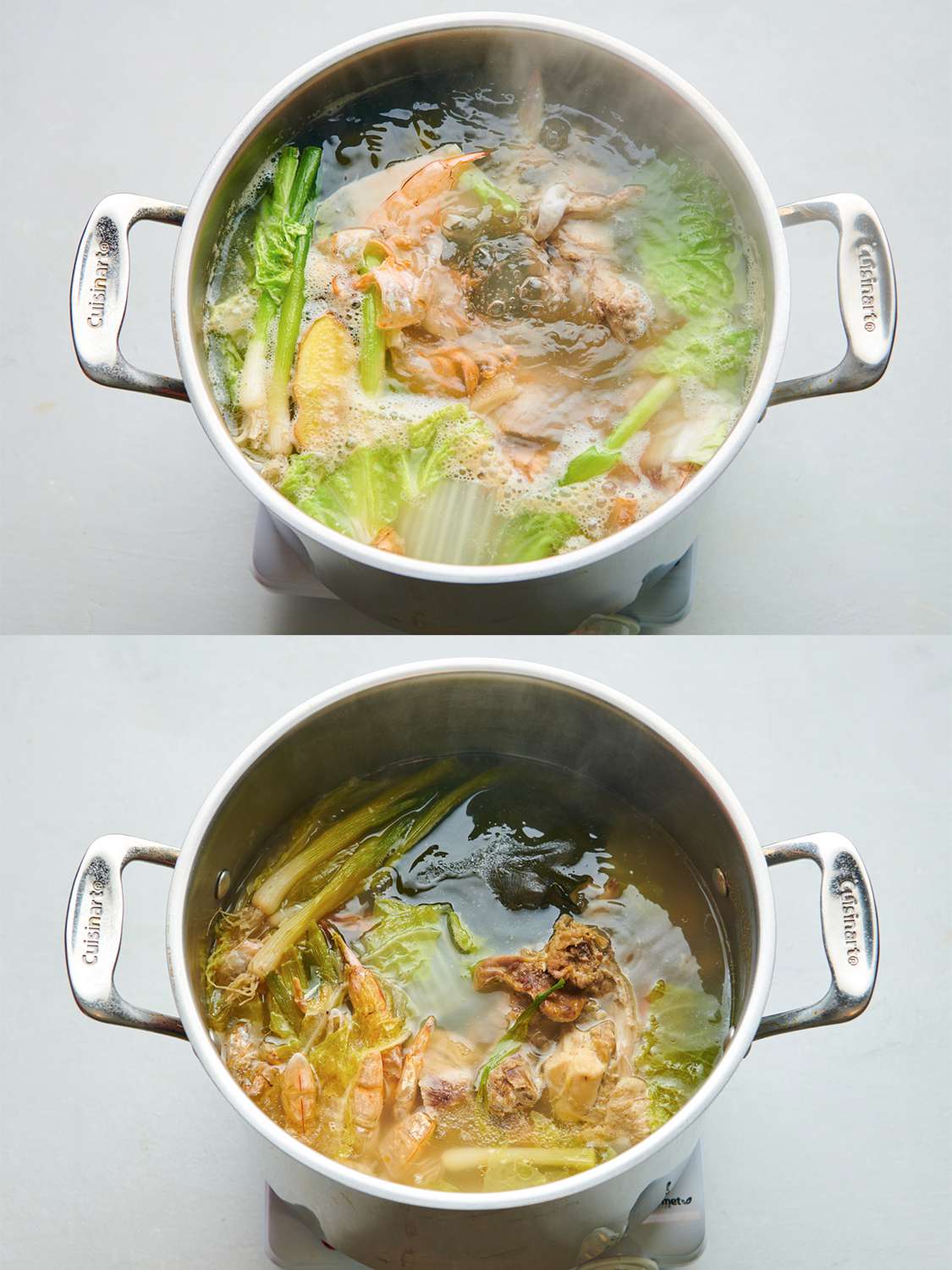 两幅图像的拼贴画。上图中，水、海带、虾米、葱花、姜片和4片卷心菜叶在汤锅中煮沸。下面的照片显示的是炖了两个小时后的食材，可以看出汤汁开云体育波胆的颜色变深了，汤汁的量也减少了。