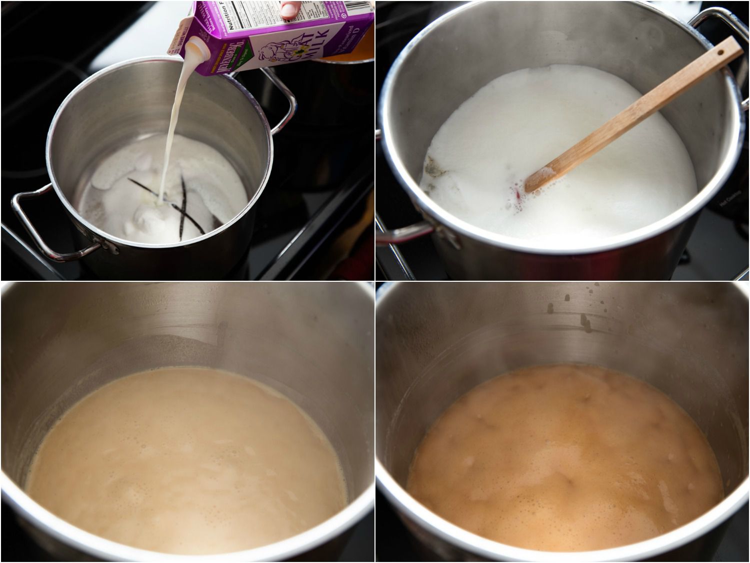 照片拼贴显示羊奶和香草豆荚涌入一锅炖,直到天黑和焦糖cajeta。