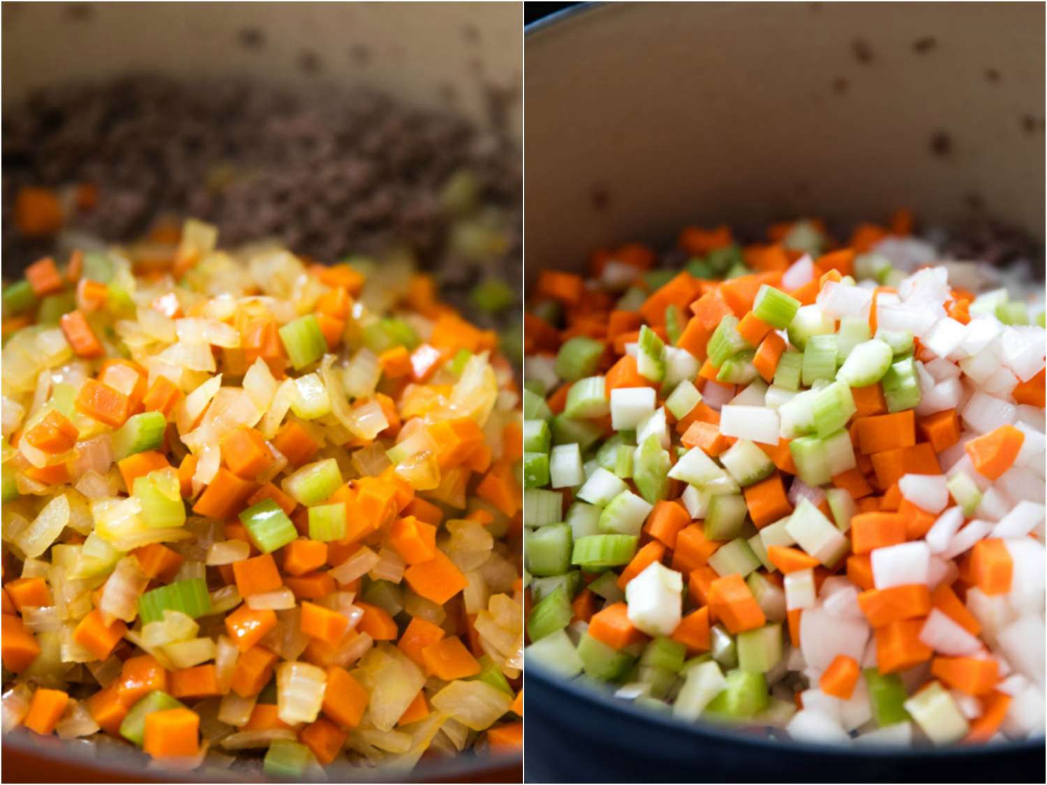拼贴细切碎的洋葱，芹菜，胡萝卜sautéed和生在锅里。gydF4y2Ba