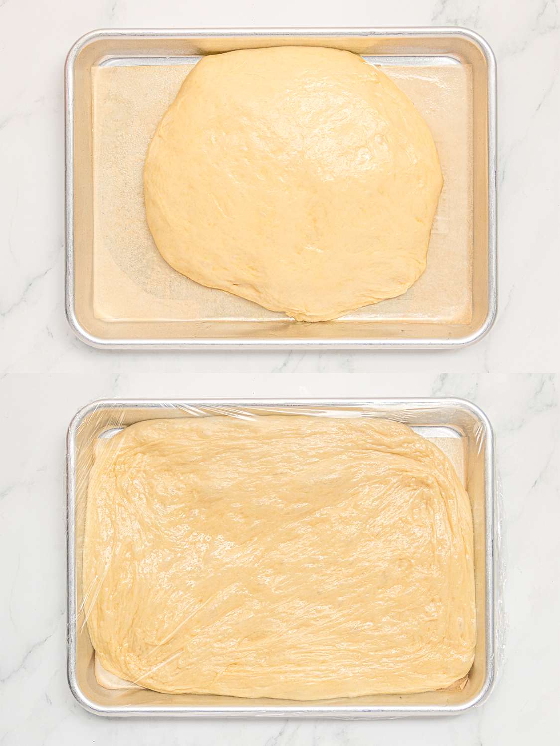 Two image collage of dough before and after being proofed on baking sheet
