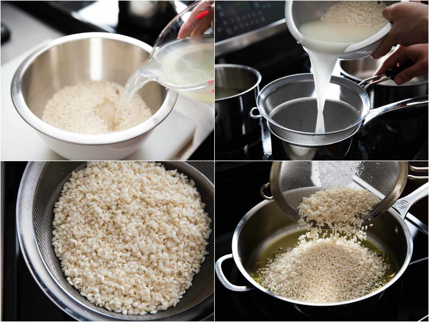 一幅拼贴画，用高汤冲洗大米，过滤大米，然后把米饭放入平底锅，加油烤。gydF4y2Ba