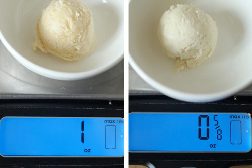 Two photos side by side: The scoop on the left, weighing in at 1 ounce is a batch of the icy ice cream made by simply freezing the ice cream base without churning. The scoop on the right, weighing in at only 5/8ths of an ounce, is the batch I made by whipping the cream until it doubled in volume before incorporating it.
