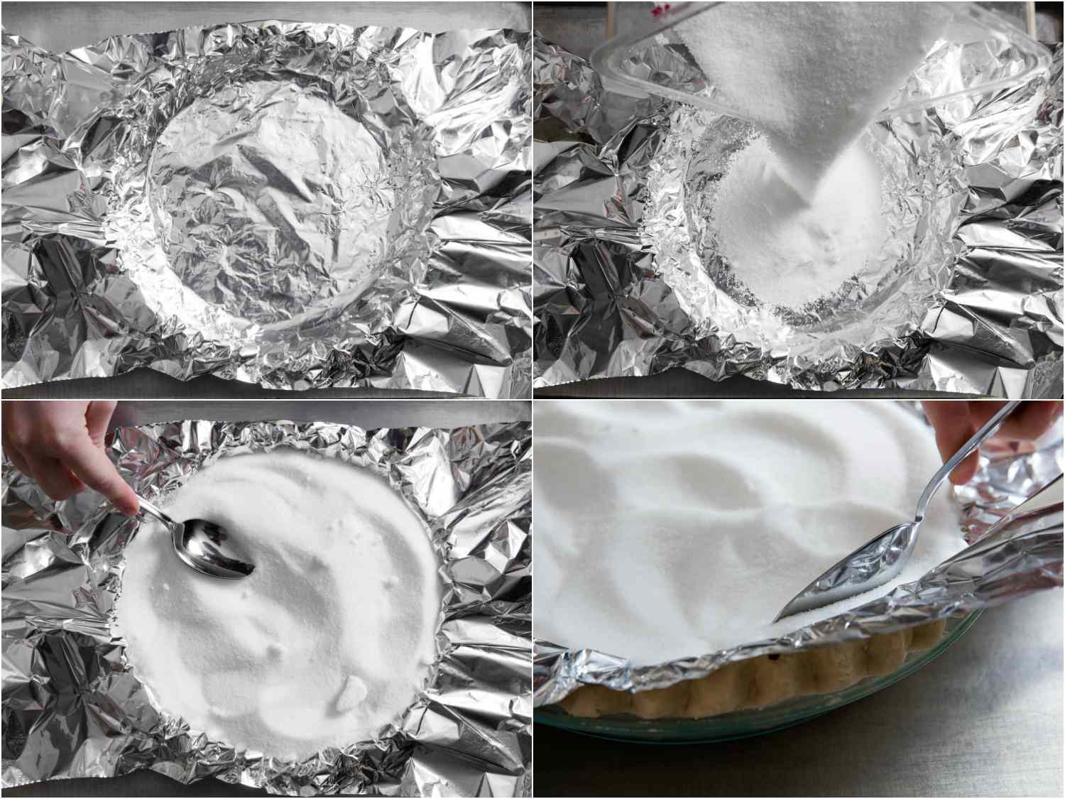 四张图展示了用糖填充馅饼的过程。
