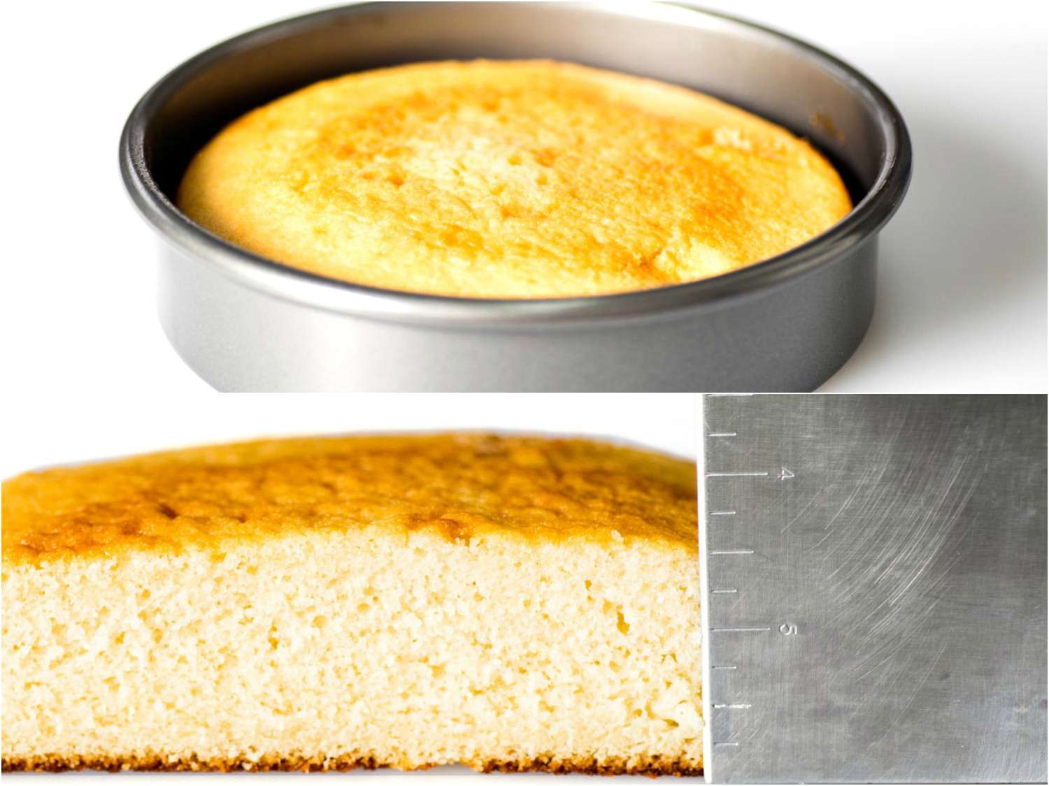 蒙太奇的香草蛋糕烘焙在蛋糕计划，加上一个特写镜头的蛋糕横截面，和一个尺子显示厚度。