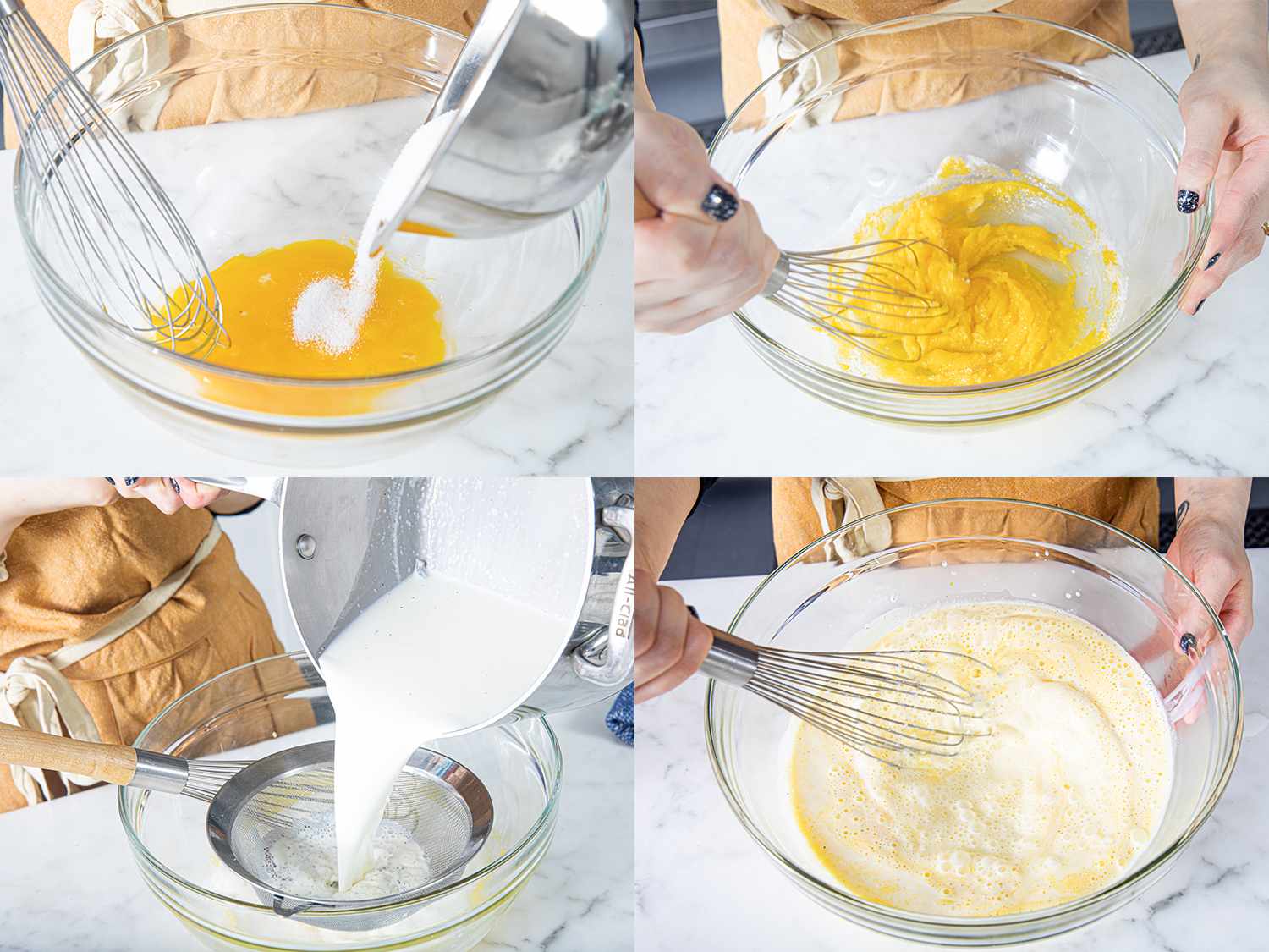四幅图片拼贴:向蛋黄中加入糖，搅拌在一起，将奶油混合物滤入碗中，并将奶油混合物混合在一起