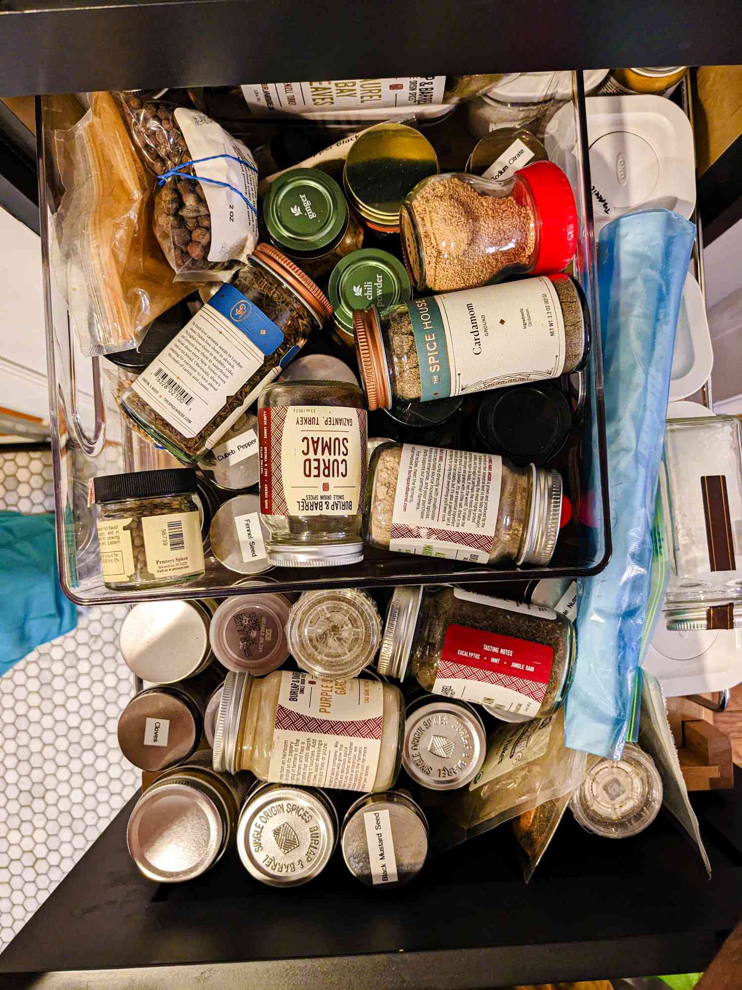 Overhead view of Daniel Gritzer's spice cabinet