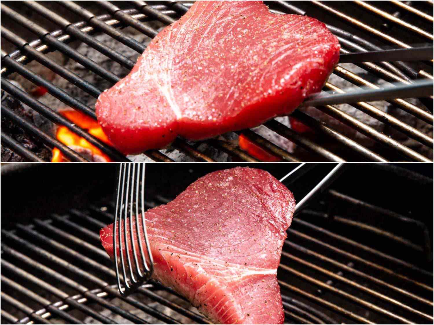 要在烤架上翻转一块鱼，就像图中所示的金枪鱼一样，将切肉叉或厨房用的大镊子的尖头插入烤架格栅的板条之间，然后从下面抬起