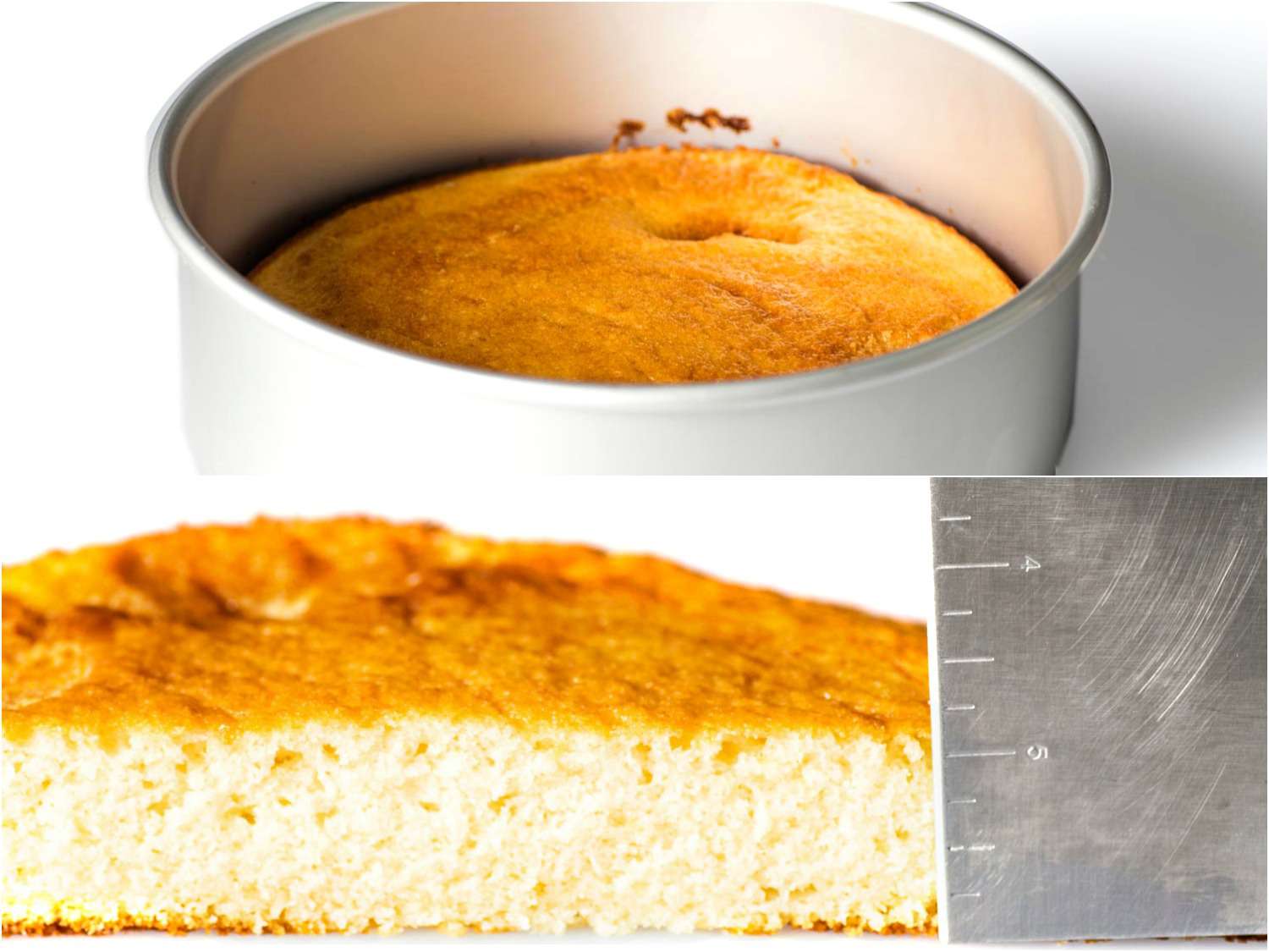 蒙太奇的香草蛋糕烘焙在蛋糕计划，加上一个特写镜头的蛋糕横截面，和一个尺子显示厚度。
