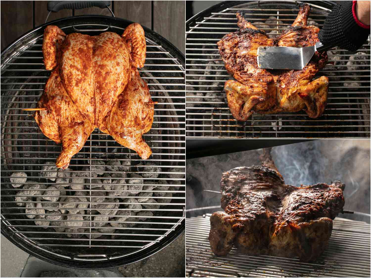 图片拼贴:在烤架上烤一整只秘鲁风味的鸡，先把鸡腿放在较冷的一侧，面对着煤块;然后翻转并按下烤架较热的一侧。gydF4y2Ba