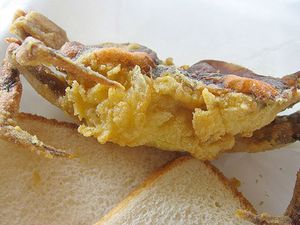 炸软壳蟹和两片面包。