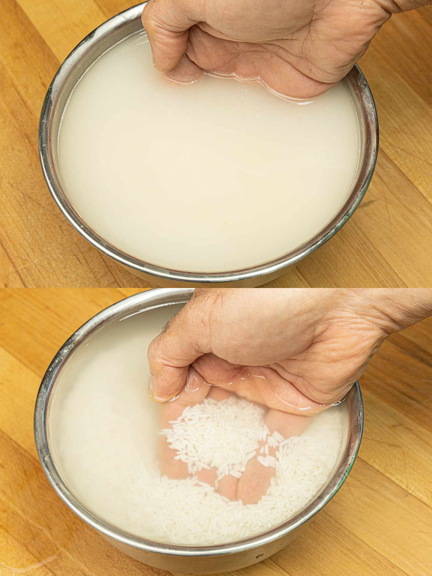 两幅拼贴画，在碗里洗米，直到水变清