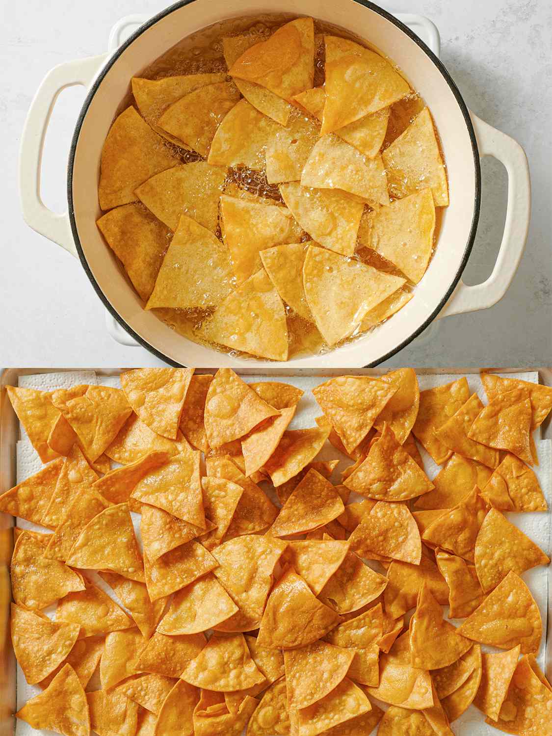 两幅图像的拼贴画。上图显示的是在荷兰烤箱中煎炸的玉米片。下面的图片显示油炸玉米片摊在平底锅上，上面铺着纸巾。
