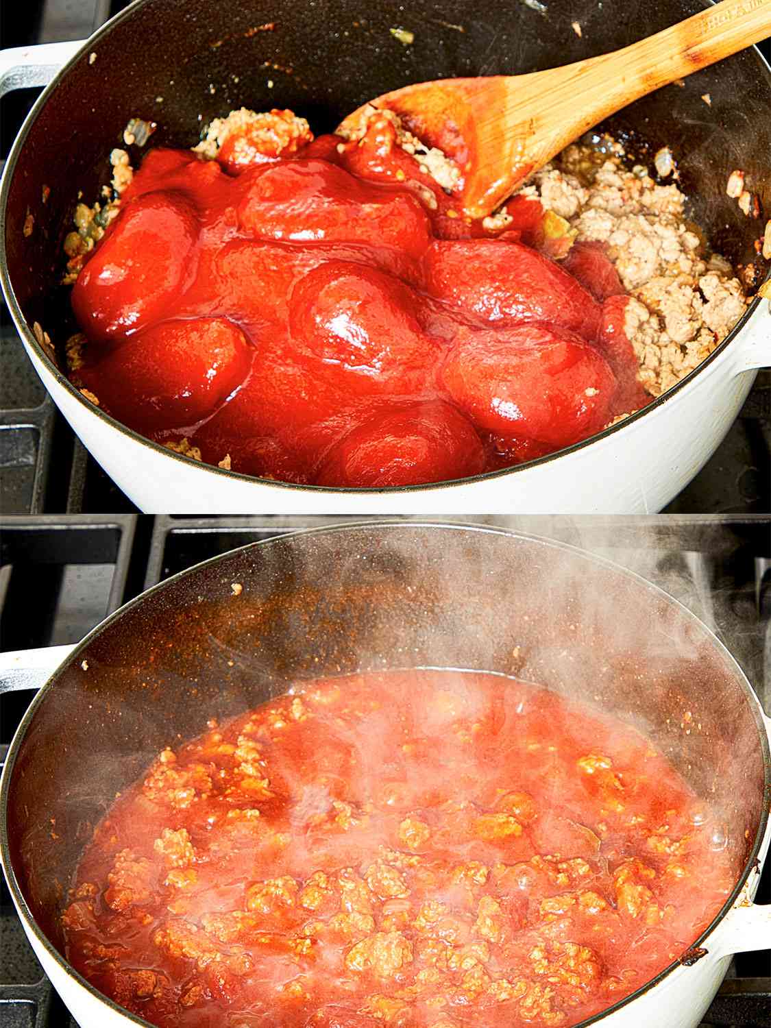 两个图像拼贴罐头西红柿被添加到香肠在锅