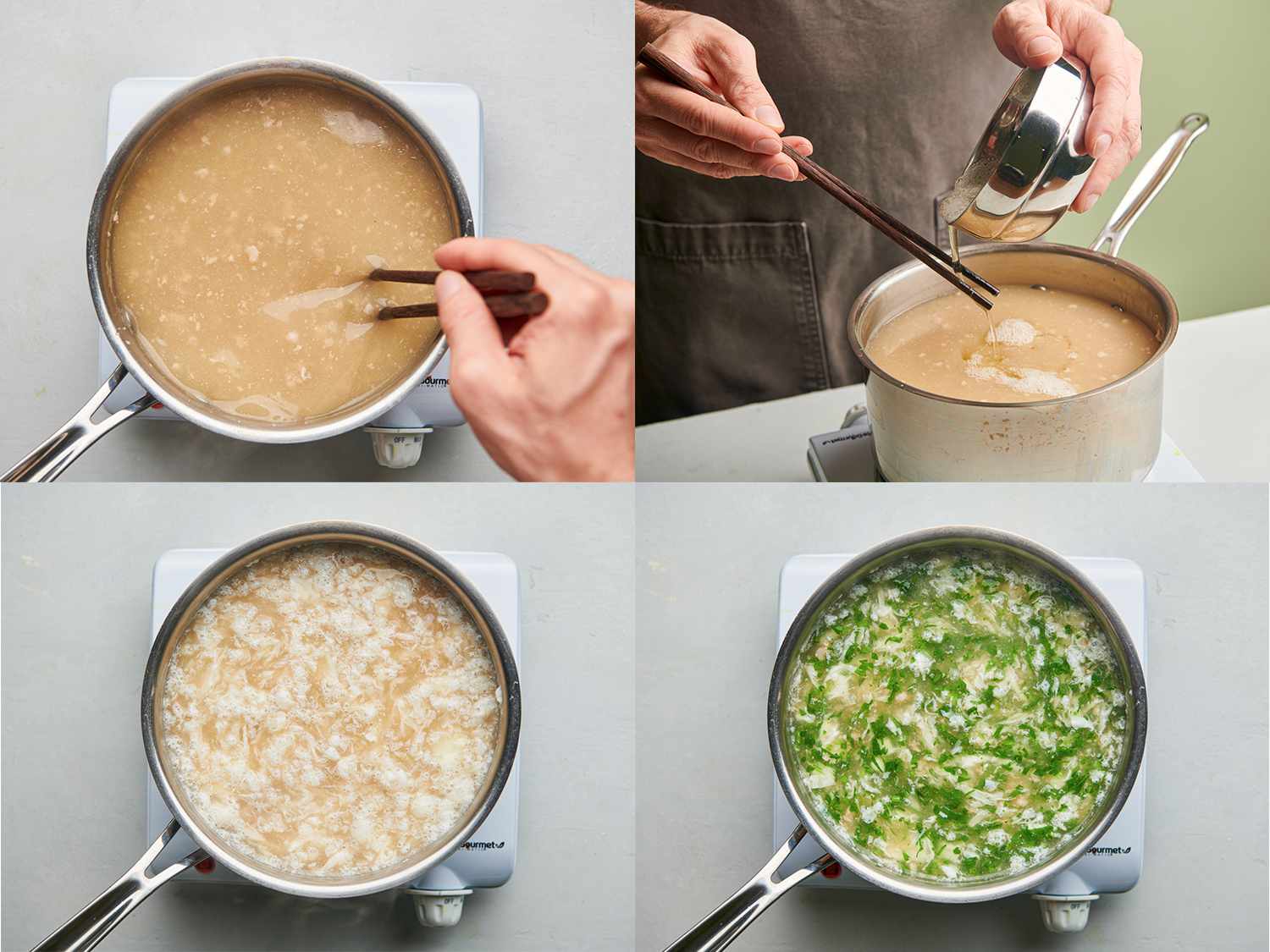4个成像拼贴。左上角的图像显示了卤水碎肉分解在一个包含浓肉汤的锅。右上方的图像显示了蛋清打到一边搅着汤煨汤在慢慢地用一双筷子的烹饪。左下角的图片显示的是鸡蛋凝固在细长的线在浓汤倒在平底锅里。右下角的图像显示切碎的香菜纳入平底锅的汤里面。