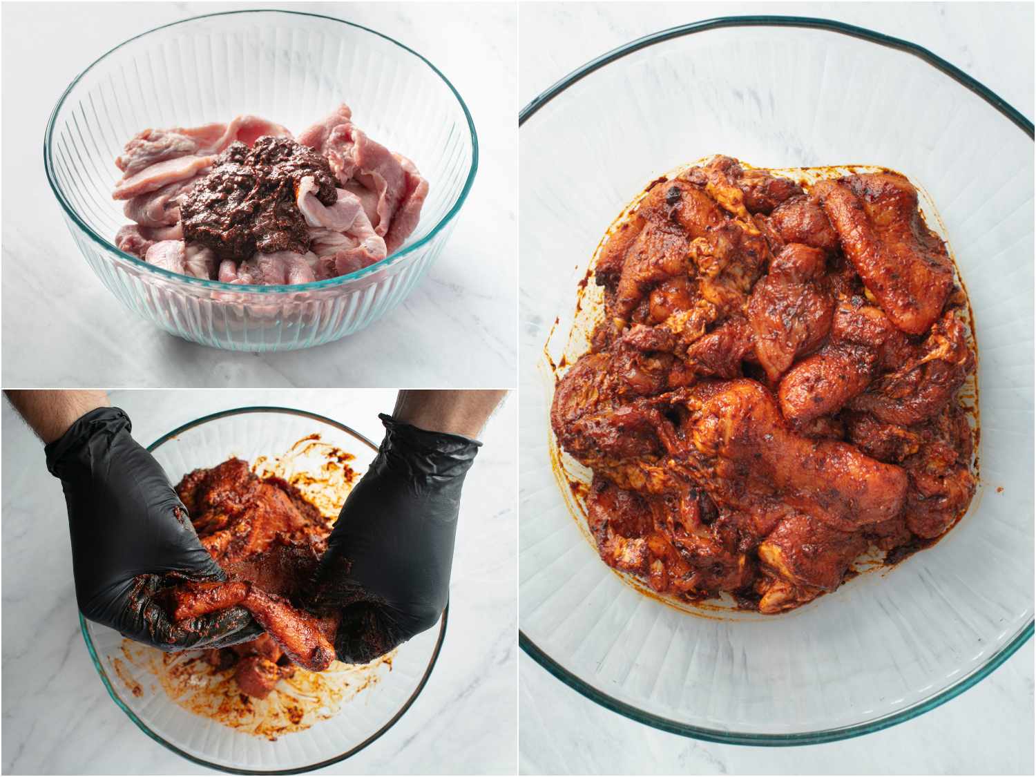 拼贴:将腌料加入碗中;戴着手套的手在肉上涂上腌料;腌好的肉放在碗里