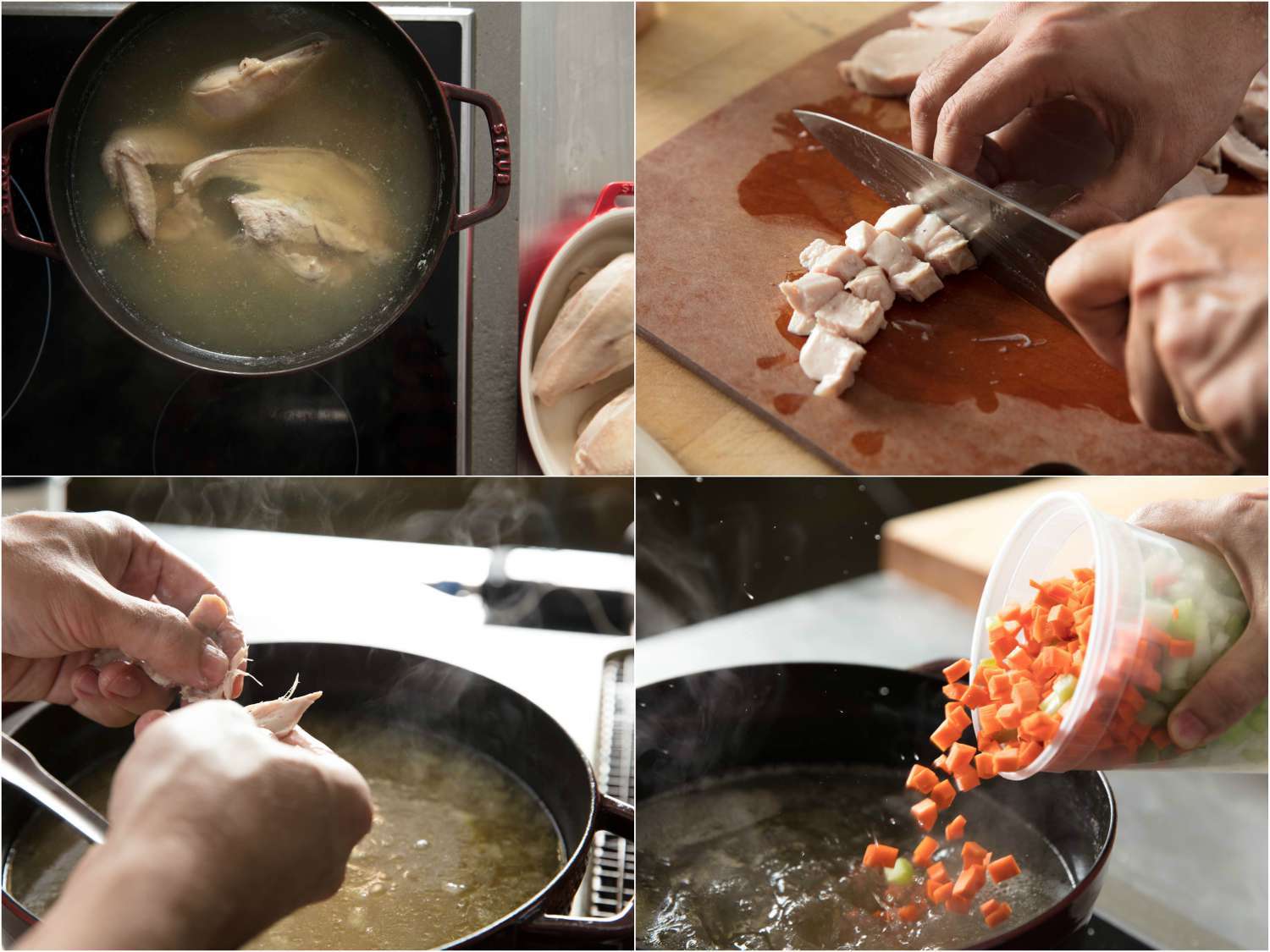 鸡汤制作照片拼贴:鸡汤炖鸡，水煮鸡肉切丁，鸡肉撕成块，在汤中加入蔬菜丁gydF4y2Ba