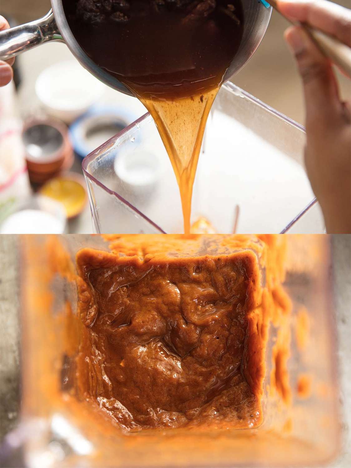 两个影像拼贴。上图显示的是煮熟的罗望子酱被从一个不锈钢锅倒进搅拌机。下面的图片显示了搅拌机碗拿着厚,内部混合酸辣酱。gydF4y2Ba