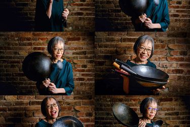 格蕾丝·杨用炒锅摆出各种姿势的6幅拼贴画