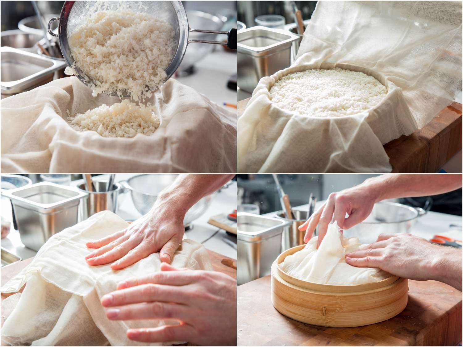过程的照片在粗棉布把糯米包裹在蒸笼蒸。gydF4y2Ba