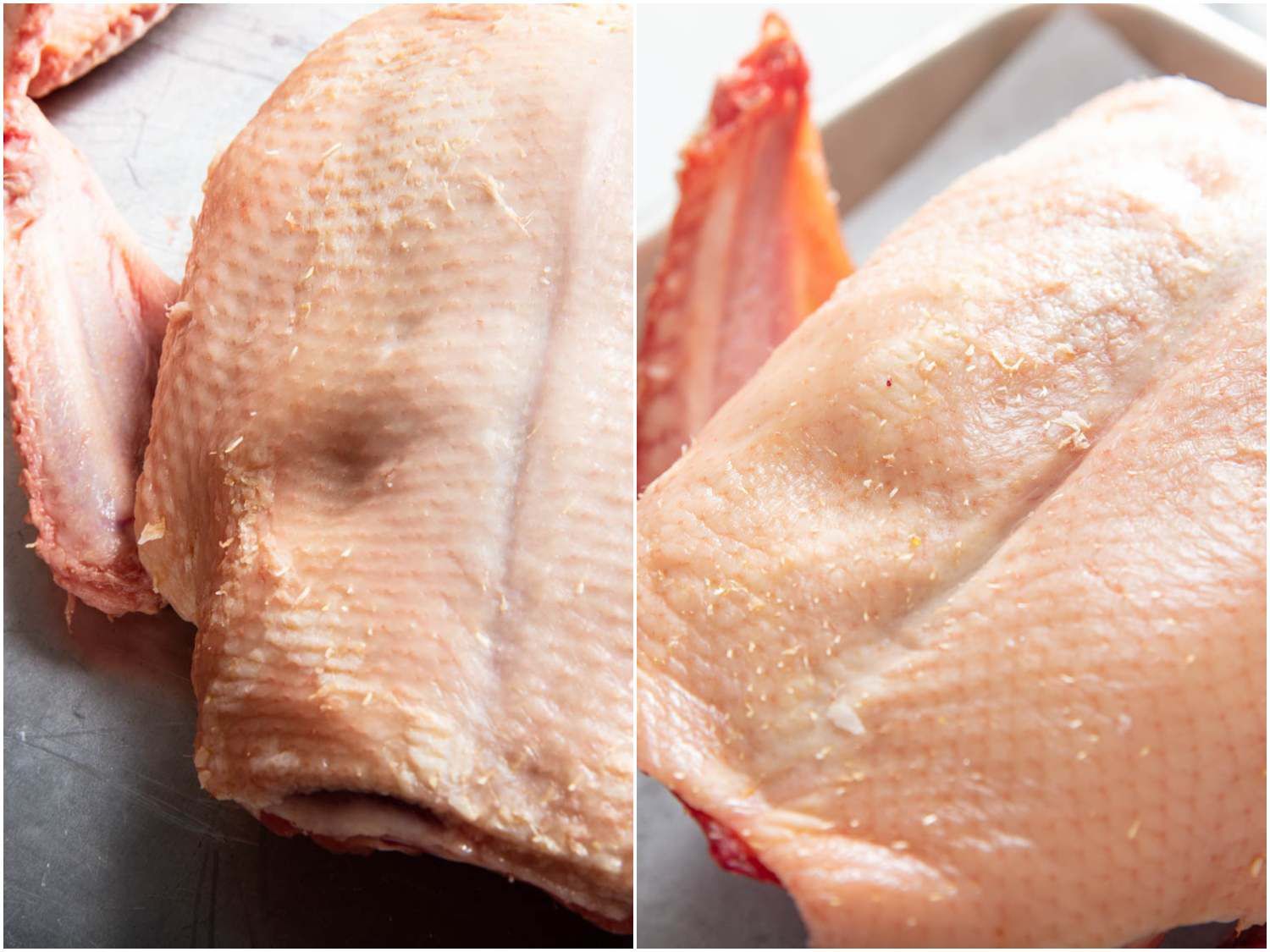 用手指按压鸭胸时柔软程度的差异照片拼贴。左:新鲜。右:干式陈酿2周
