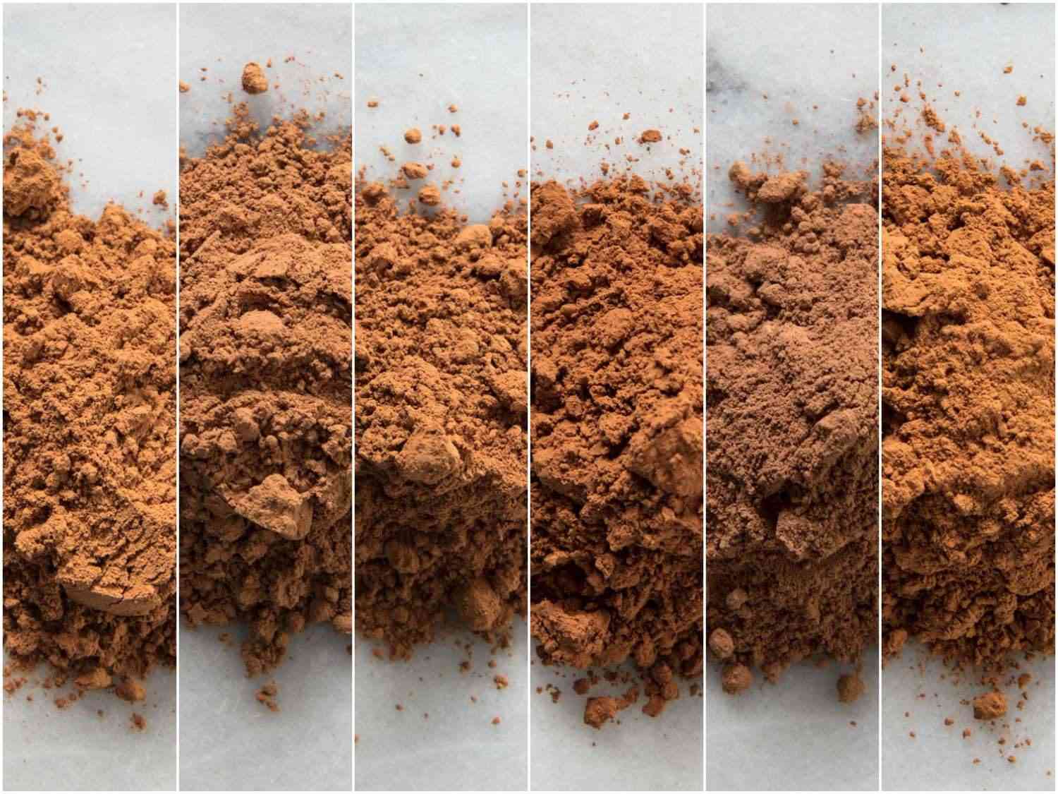五种天然可可粉和一种低脂可可粉的拼贴对比
