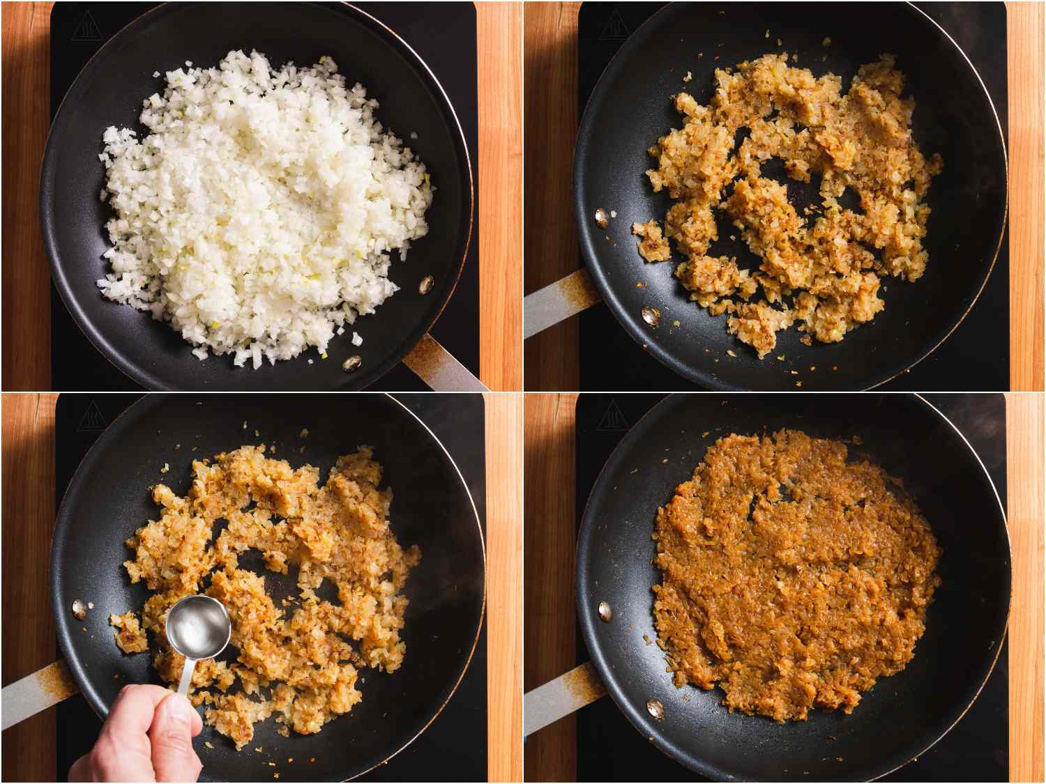 collage: caramelizing onions in a skillet