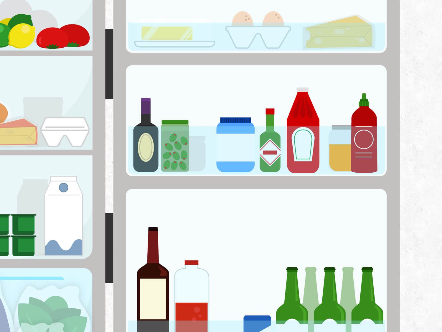 冰箱门上的侧架子的图形插图，放着各种瓶子和罐子，鸡蛋，黄油和奶酪