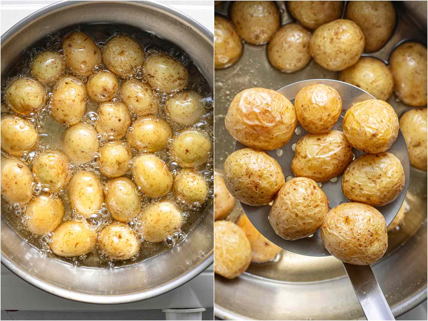 两张照片展示了土豆在油里炸，然后用勺子举起来，展示了它们皱巴巴的外表。