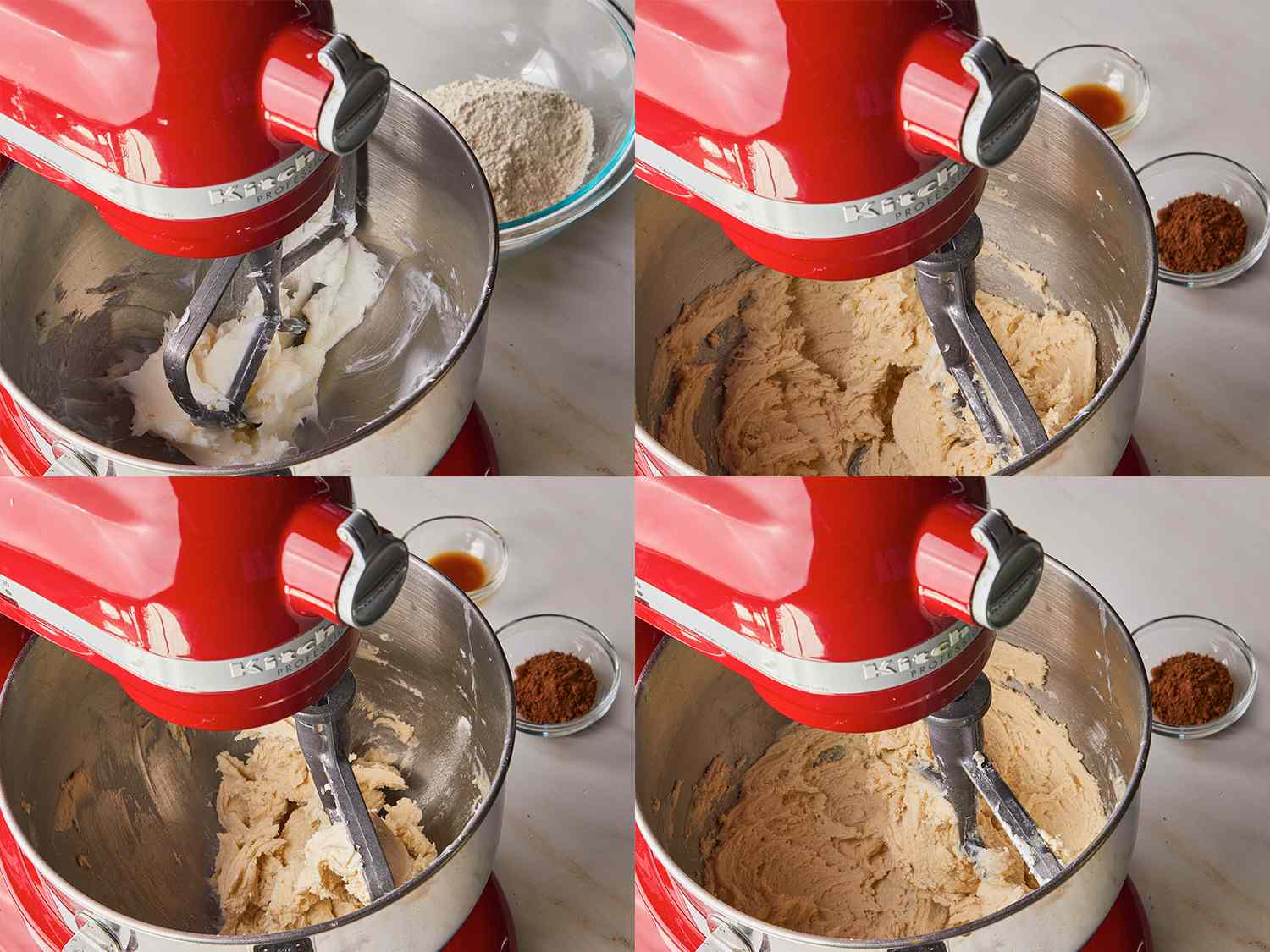 四个图像拼贴外耳地壳面团形成适当的一致性在红色的厨房搅拌器的援助gydF4y2Ba