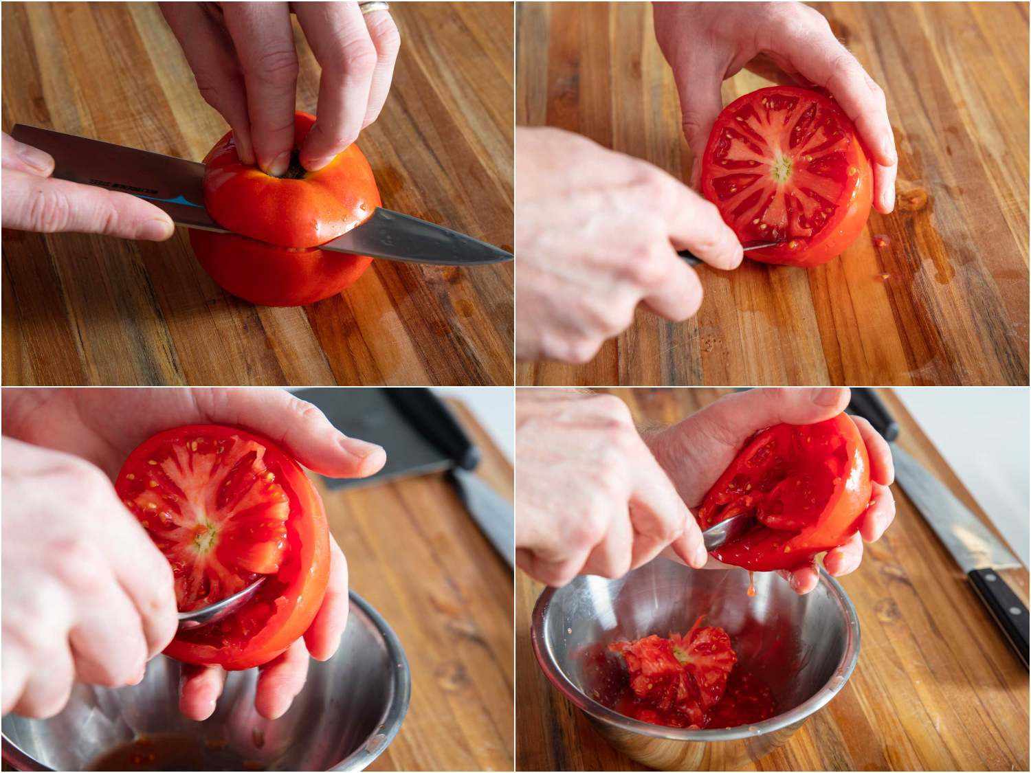 Photo collage of hollowing out tomatoes with a paring knife and spoon, reserving the scooped out insides.