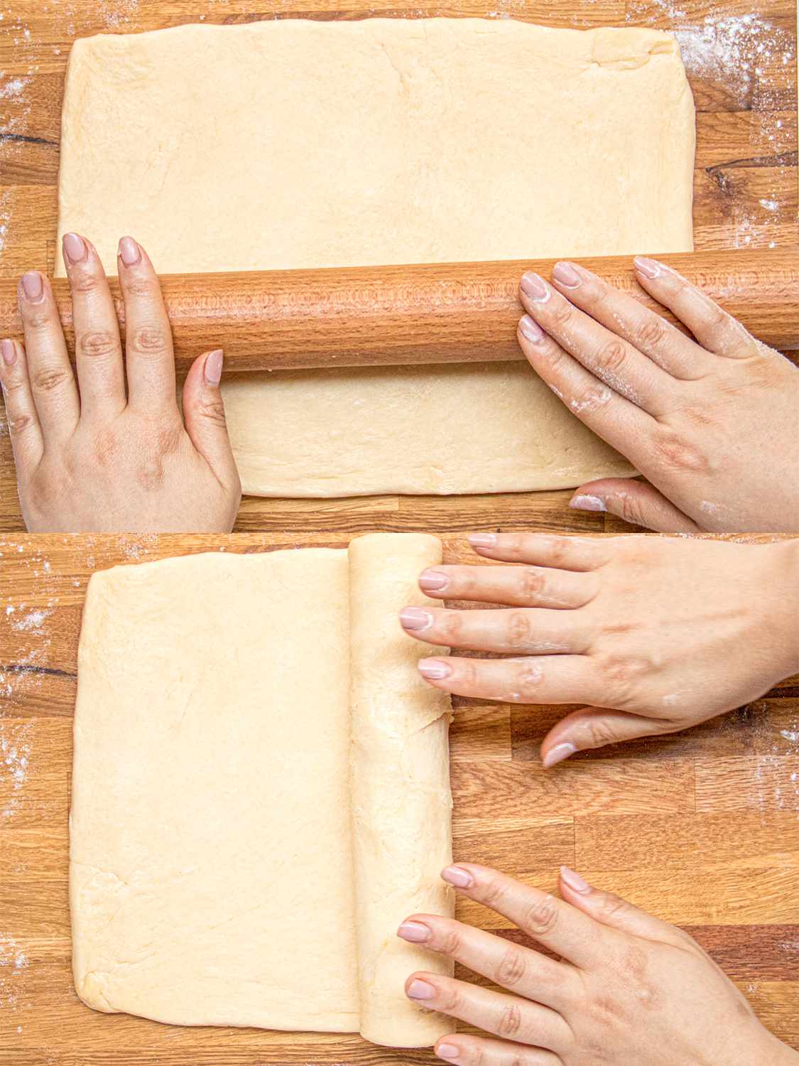 Two image collage of rolling dough flat with a rolling pin and then rolling it up into a log