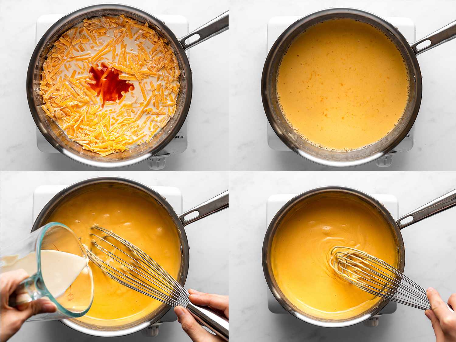 这是一幅四幅拼贴画，展示了奶酪酱在平底锅里混合和乳化的过程。