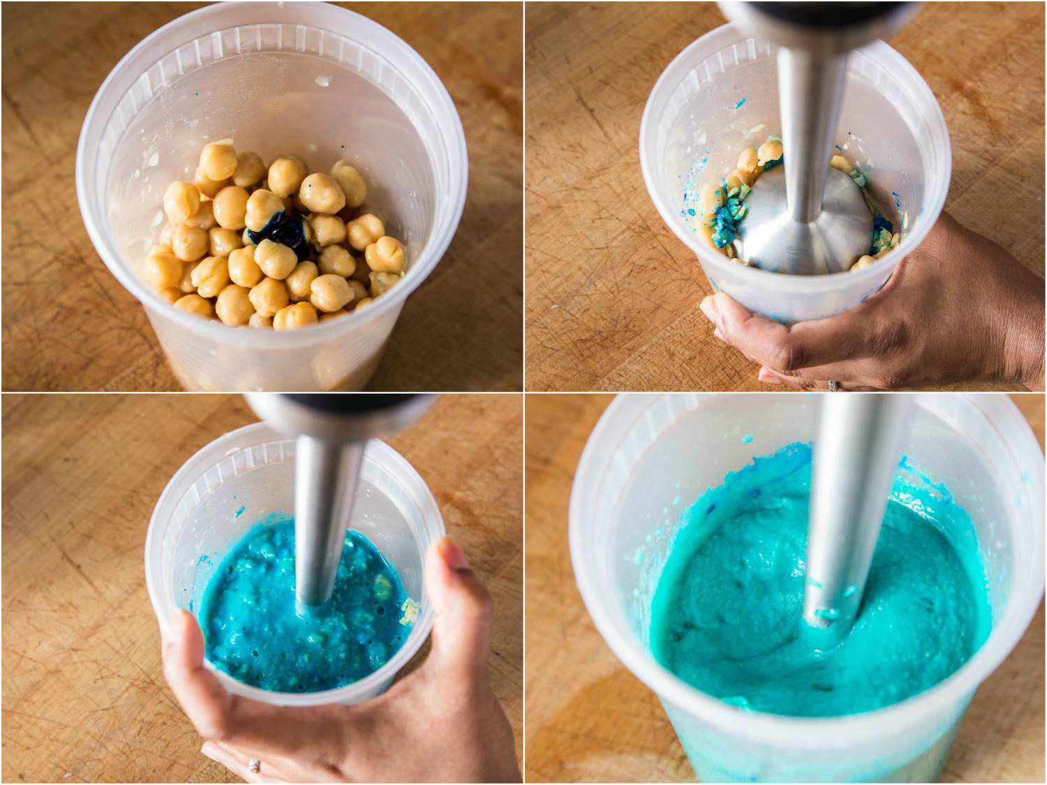 拼贴显示不同的研磨阶段鹰嘴豆(与蓝色混合食用色素)浸泡搅拌器