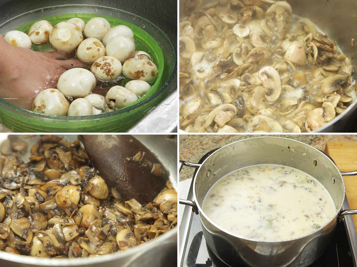洗蘑菇的照片拼贴，sautéing它们直到棕色，并为蘑菇汤添加液体。